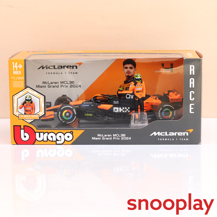 Lando Norris Original McLaren MCL38 Miami Grand Prix 2024 Licensed Diecast Car with Pilot | 1:24 Scale (14 Years till Grown Ups)