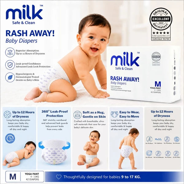 Milk (Size-M) Baby Diaper Yoga Pants | 42 Pieces | 6–11 kg