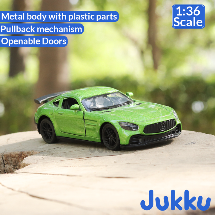 Jukku Resembling Mercedes Benz GT R Diecast Car - Pullback, Openable Doors | 1:36 Scale (3 Years till Grown Ups)