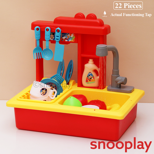 Kriiddaank Disney Original Mickey Kitchen Sink Toy with Realistic Running Water & Automatic Recycle System- 22 Pieces | Licensed Disney Toy (3-7 Years)