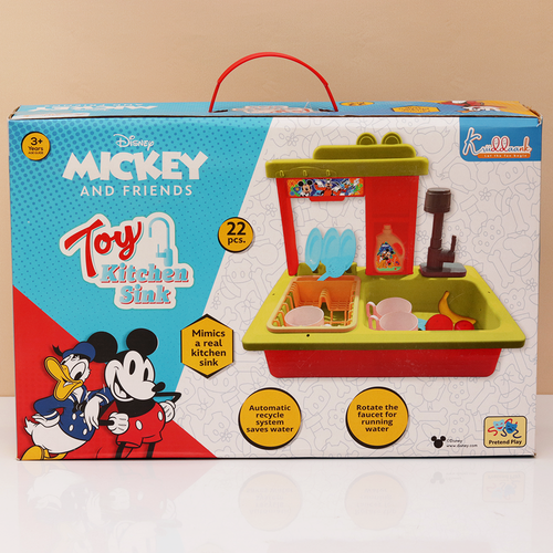 Kriiddaank Disney Original Mickey Kitchen Sink Toy with Realistic Running Water & Automatic Recycle System- 22 Pieces | Licensed Disney Toy (3-7 Years)