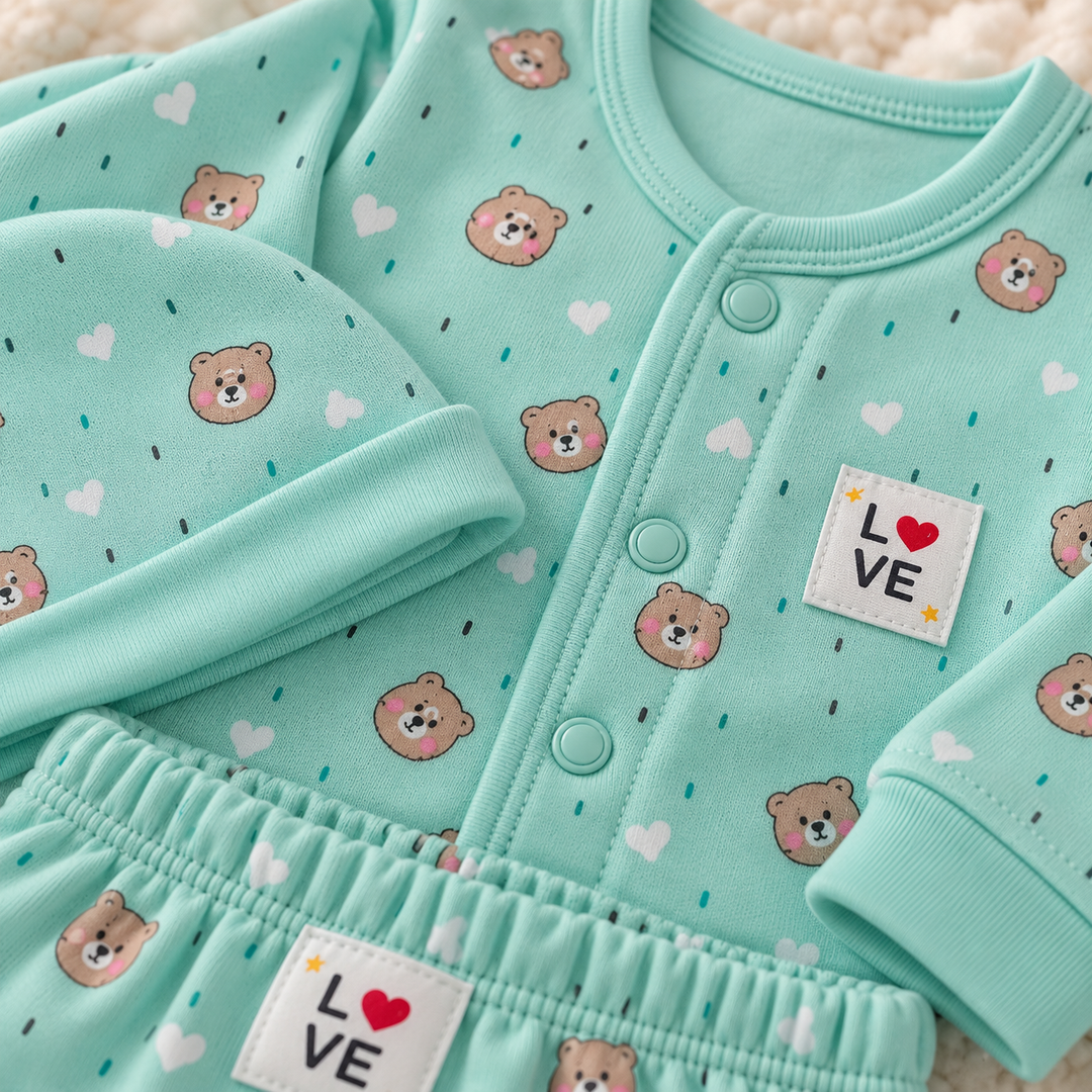 Baby Naturelle Love Cotton Knit Front Open Full Sleeves Co-ord T-Shirt & Pajama Suit with Cap - Green