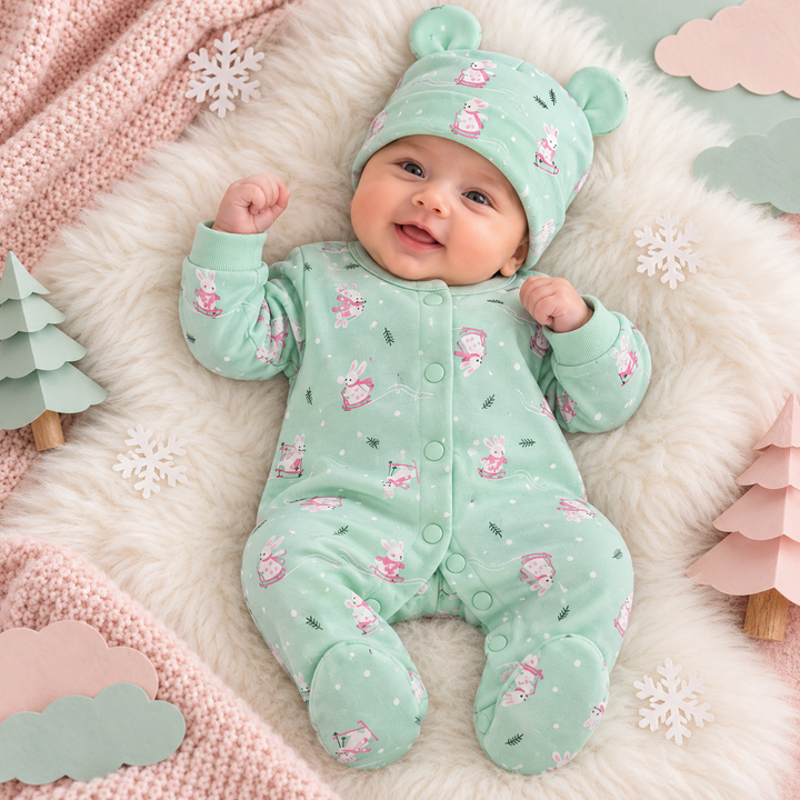 Baby Naturelle Cotton Knit Newborn Romper with Cap - Mint Green