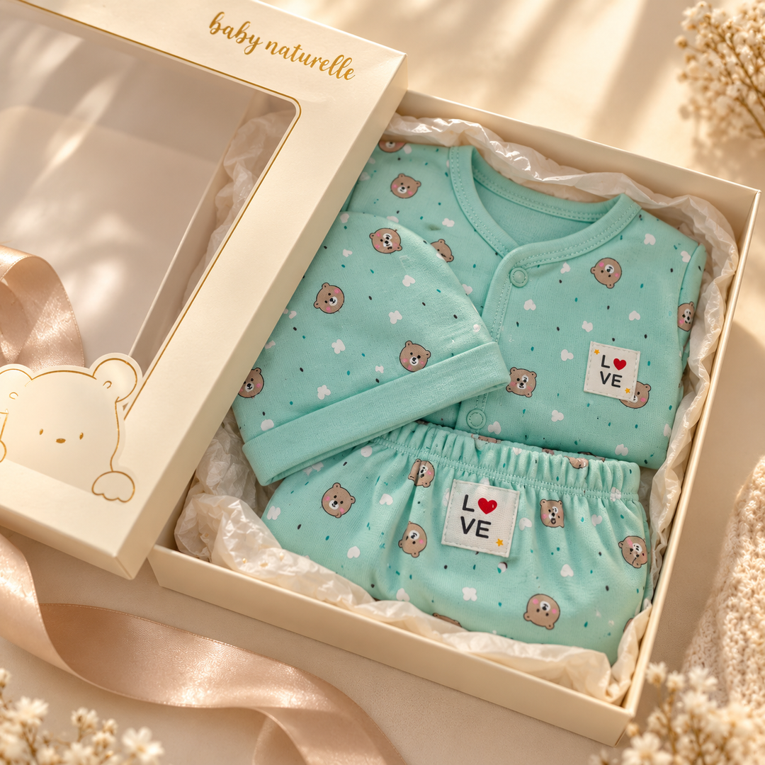 Baby Naturelle Love Cotton Knit Front Open Full Sleeves Co-ord T-Shirt & Pajama Suit with Cap - Green