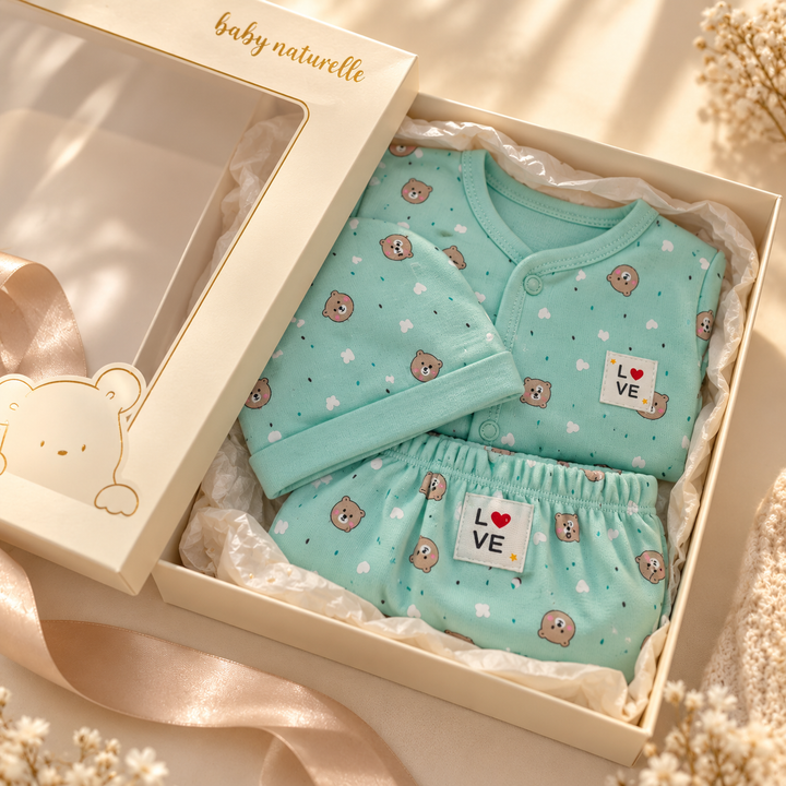 Baby Naturelle Love Cotton Knit Front Open Full Sleeves Co-ord T-Shirt & Pajama Suit with Cap - Green
