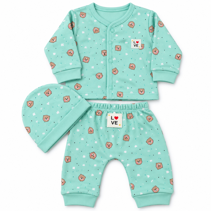 Baby Naturelle Love Cotton Knit Front Open Full Sleeves Co-ord T-Shirt & Pajama Suit with Cap - Green