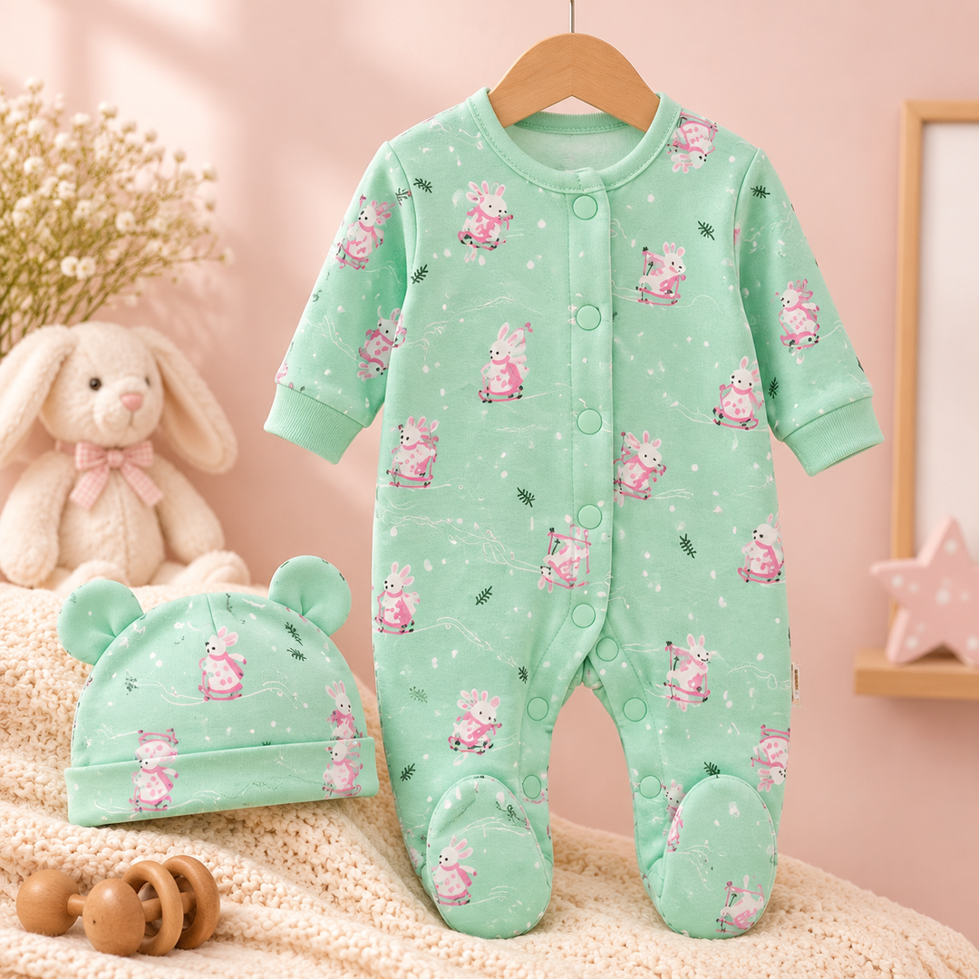 Baby Naturelle Cotton Knit Newborn Romper with Cap - Mint Green
