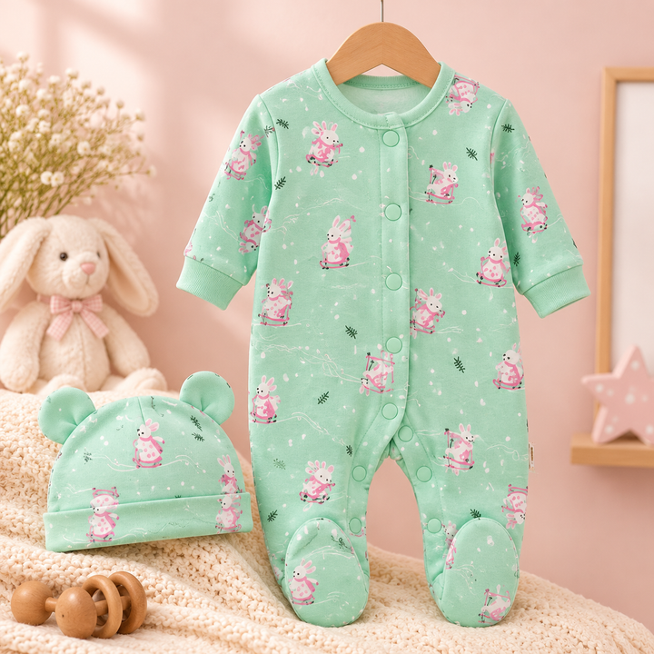 Baby Naturelle Cotton Knit Newborn Romper with Cap - Mint Green