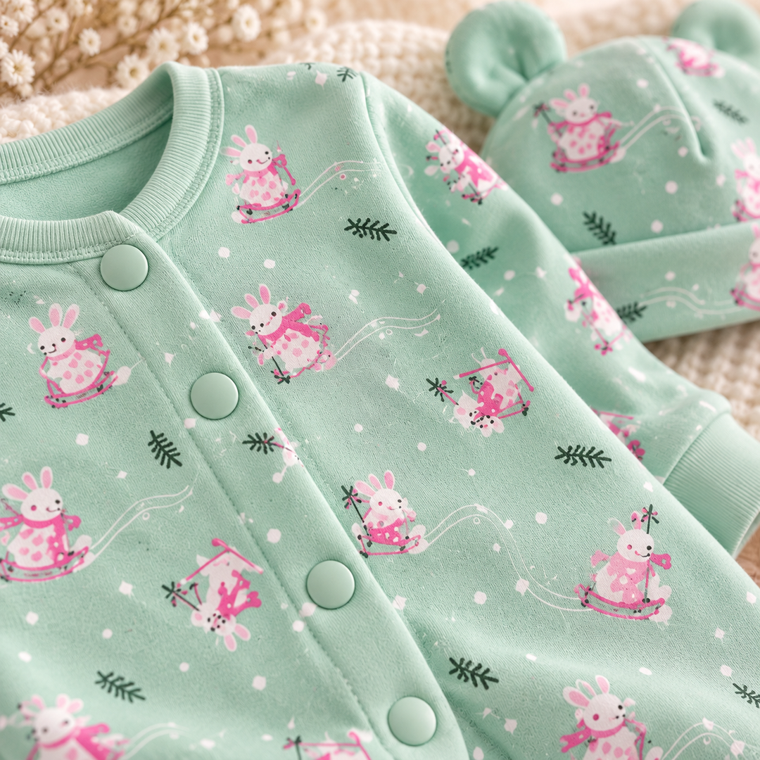 Baby Naturelle Cotton Knit Newborn Romper with Cap - Mint Green