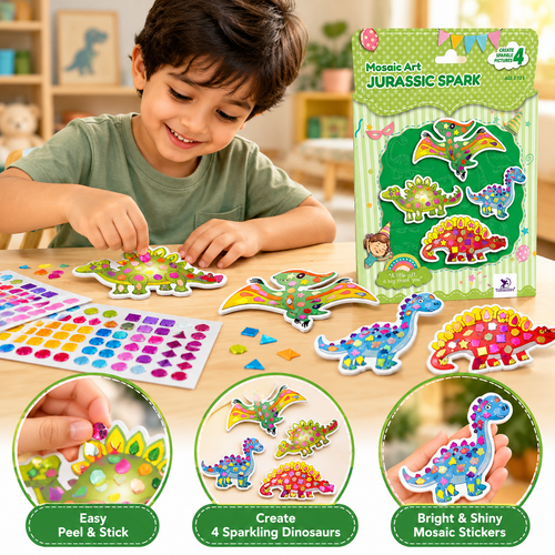 Toykraft Jurassic Spark Mosaic Art | Dinosaur Sticker DIY Kit | Creative Activity & Theme Party Return Gift