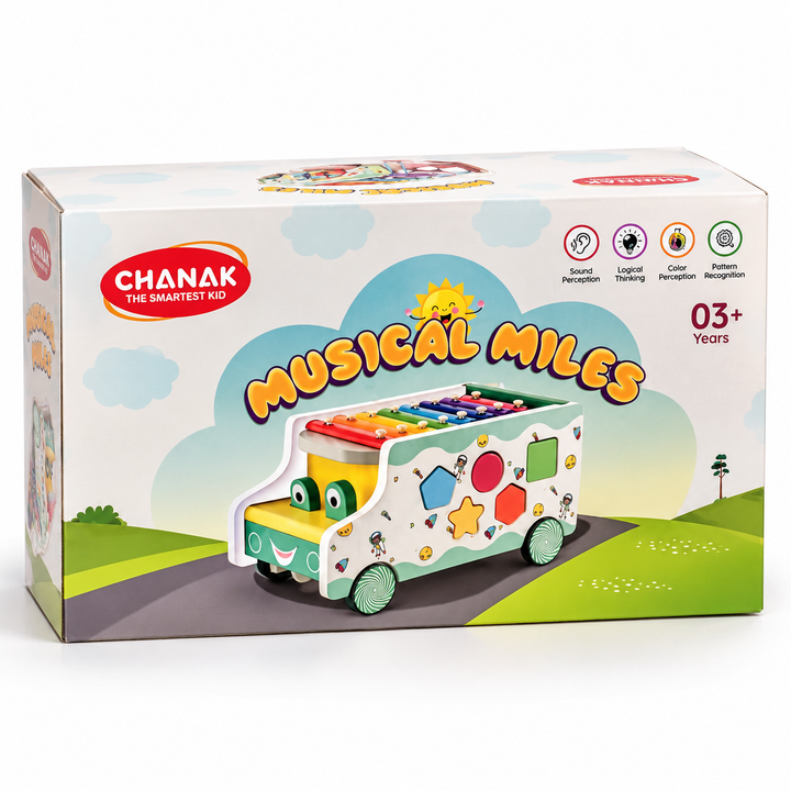 Chanak Wooden Activity Bus for Kids | 6-in-1 Montessori Musical Shape Sorter Toy | Musical Miles