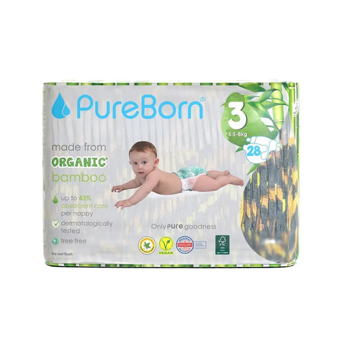 PureBorn Organic Bamboo (Size-3) Baby Disposable Diapers | 28 Pieces | 5.5-8 kgs
