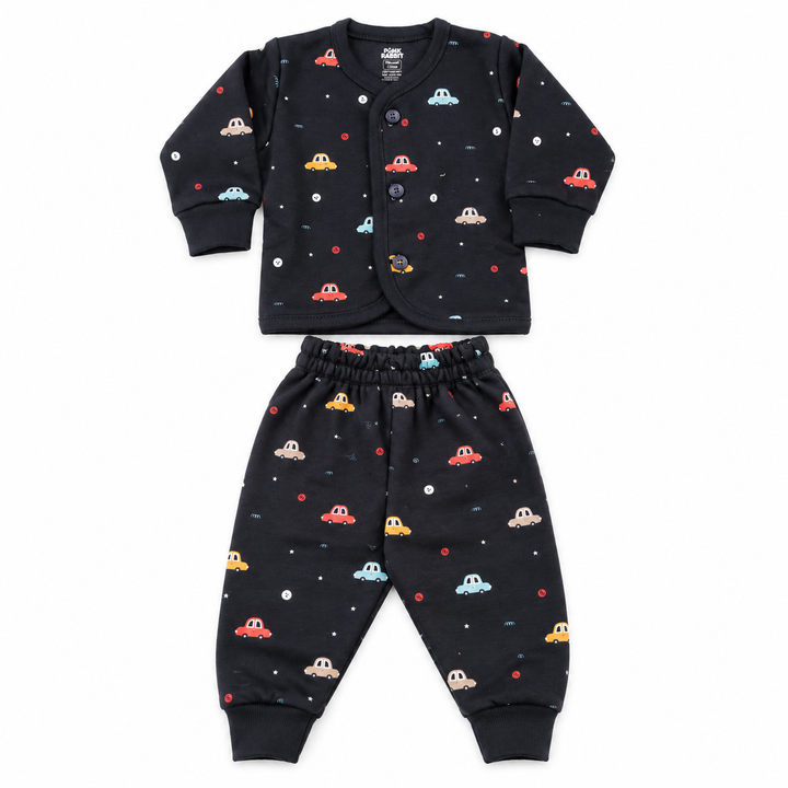 Pink Rabbit Preemie Cotton-Rich Knitted Full Sleeves Open-Front Vest & Pant Suit – 37 cm ( Dark Grey)