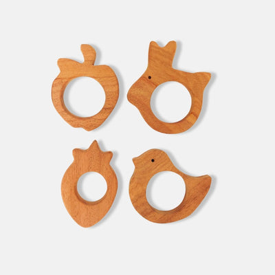 Rabbit, Bird, Apple, and Strawberry Shaped Neem Wood Teethers (Combo of 4)