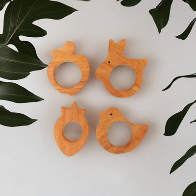 Rabbit, Bird, Apple, and Strawberry Shaped Neem Wood Teethers (Combo of 4)