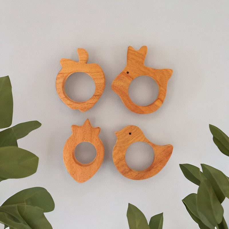 Rabbit, Bird, Apple, and Strawberry Shaped Neem Wood Teethers (Combo of 4)