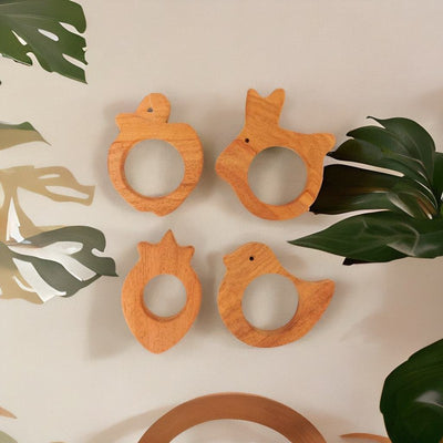 Rabbit, Bird, Apple, and Strawberry Shaped Neem Wood Teethers (Combo of 4)