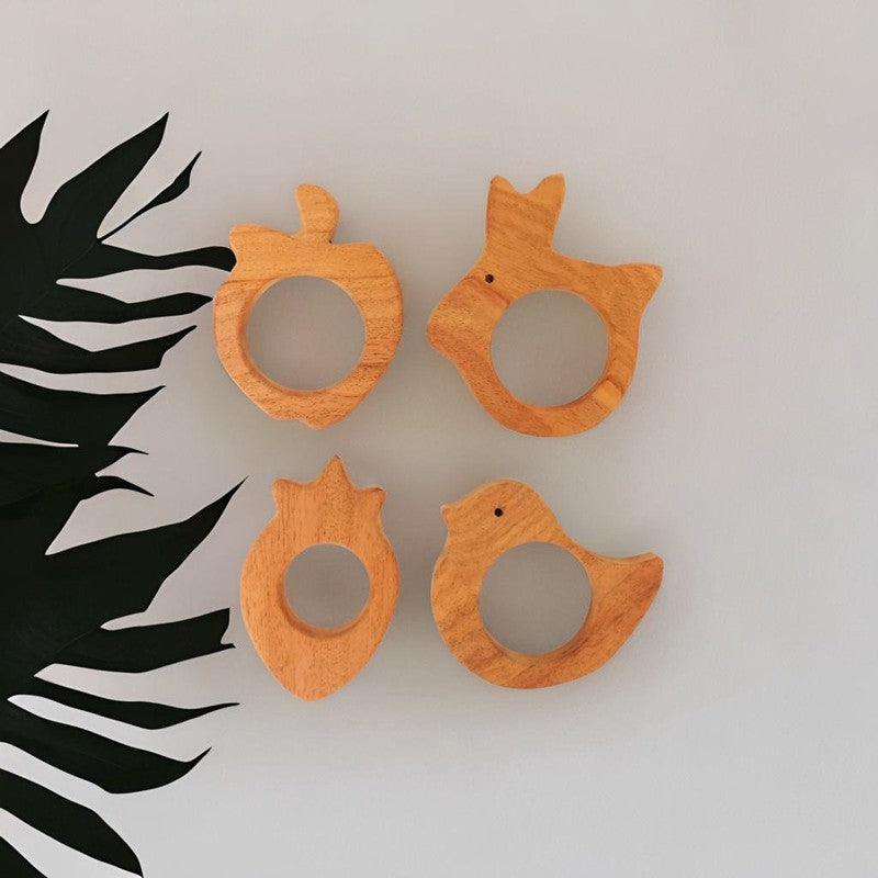 Rabbit, Bird, Apple, and Strawberry Shaped Neem Wood Teethers (Combo of 4)