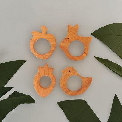 Rabbit, Bird, Apple, and Strawberry Shaped Neem Wood Teethers (Combo of 4)