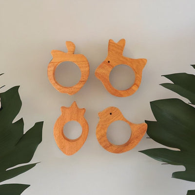 Rabbit, Bird, Apple, and Strawberry Shaped Neem Wood Teethers (Combo of 4)