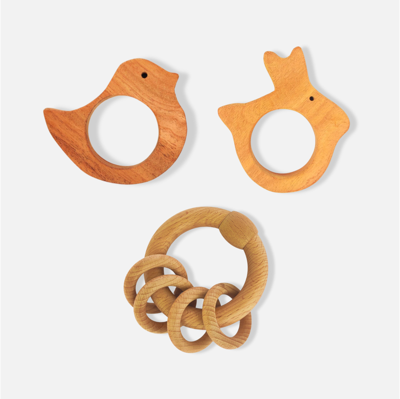 Neem Wood Teethers Rattles Combo (Bird Teether, Rabbit Teether, Ring Rattle)