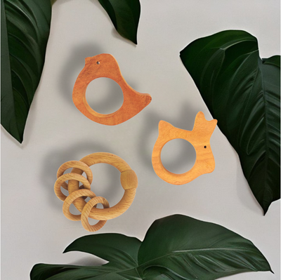 Neem Wood Teethers Rattles Combo (Bird Teether, Rabbit Teether, Ring Rattle)