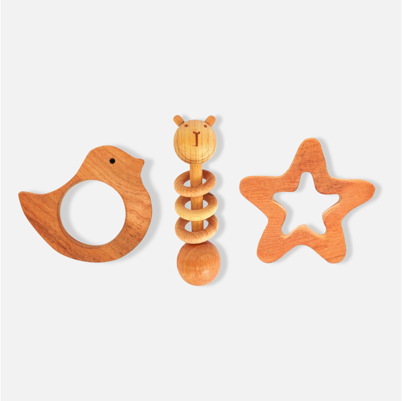 Neem Wood Teethers Rattles Combo (Star and Rabbit Teether, 1 Rattle)