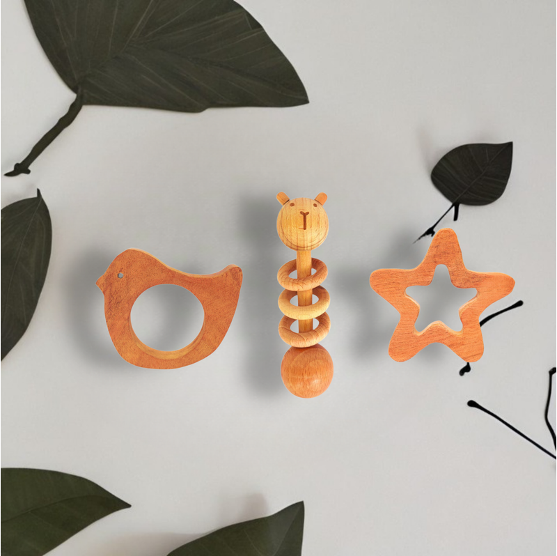 Neem Wood Teethers Rattles Combo (Star and Rabbit Teether, 1 Rattle)