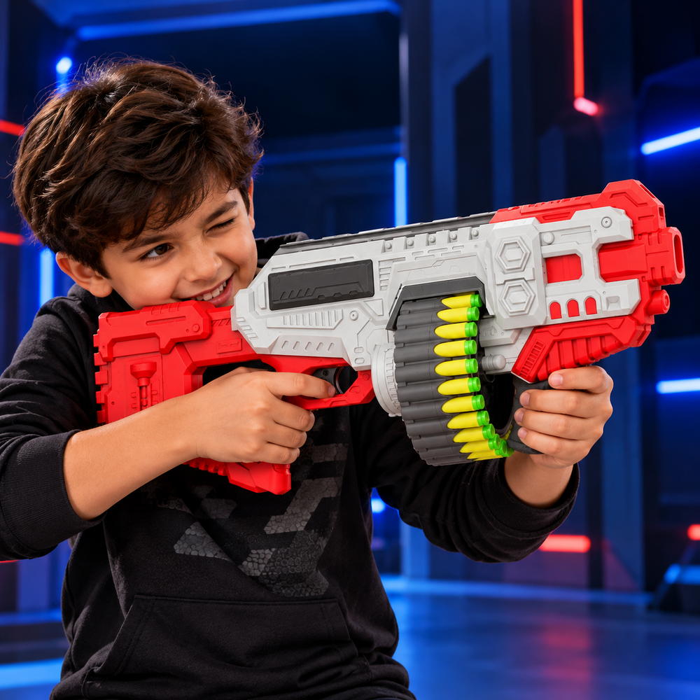 Chanak Battery Operated Motorized Dart Blaster - Street Viper | 30 Foam Bullets, 40 Feet Range | Red-Grey