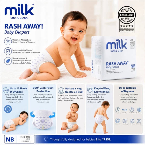 Milk Size-NB Baby Diaper Flexi Tape | 22 Pieces | 0–5 kg