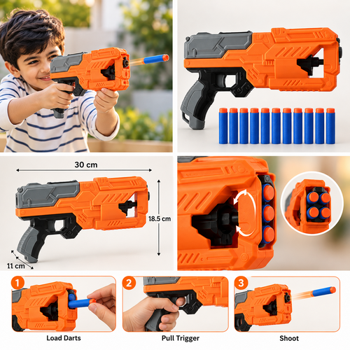 Chanak Six Fire Toy Blaster with 10 Soft Bullet | 45 Feet Range | Orange