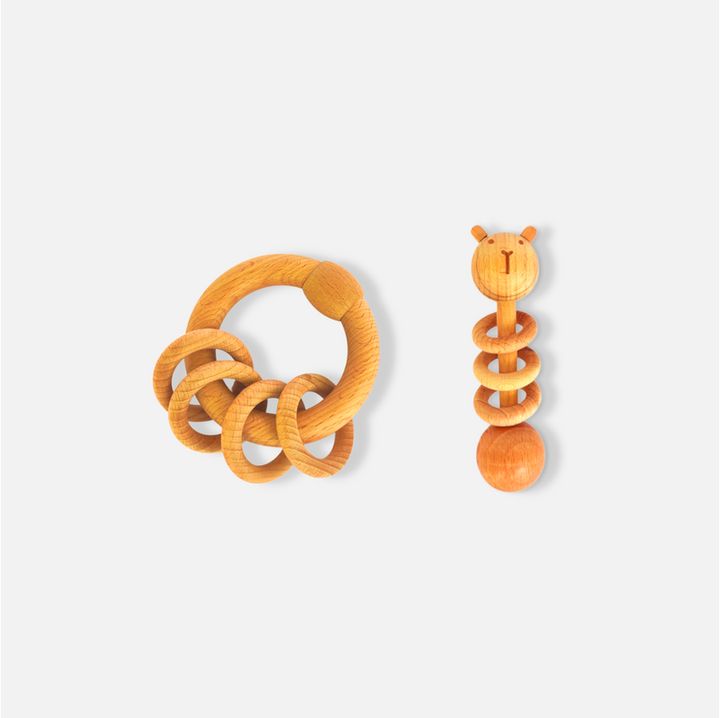 Organic Playtime Duo Bear Dumbbell and Ring Wooden Rattles Combo