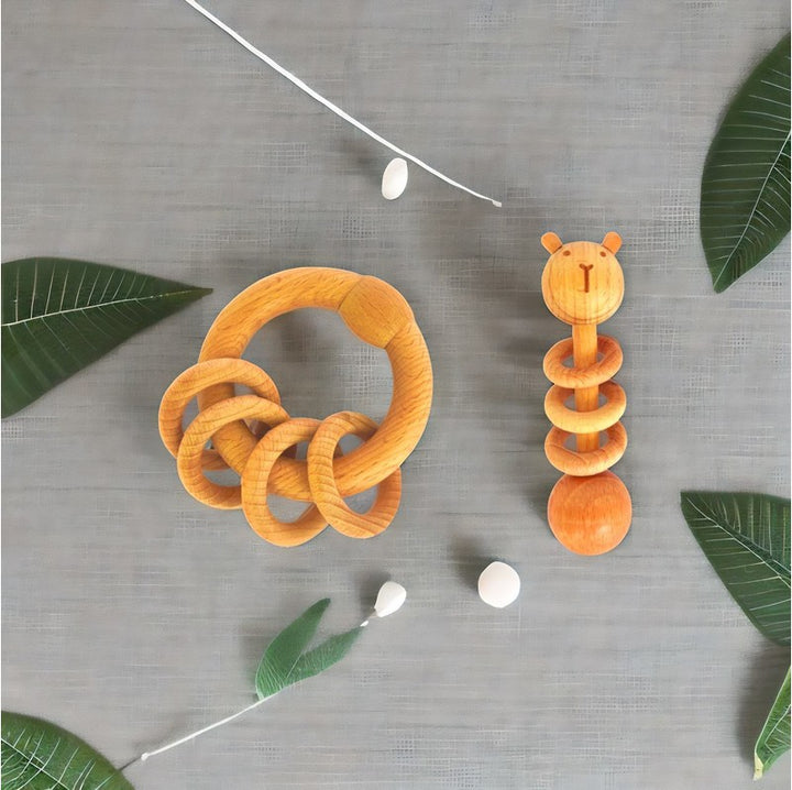 Organic Playtime Duo Bear Dumbbell and Ring Wooden Rattles Combo