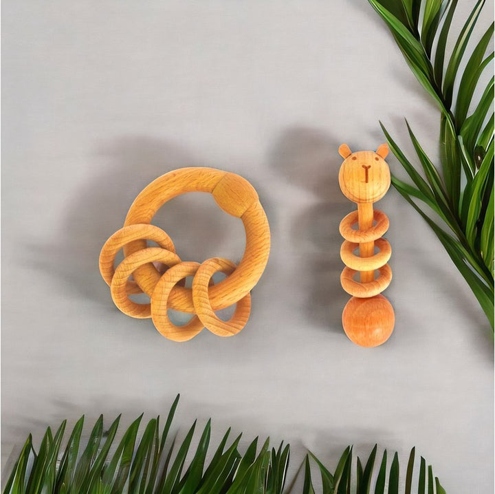 Organic Playtime Duo Bear Dumbbell and Ring Wooden Rattles Combo