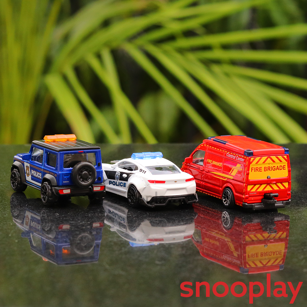 Original Licensed S.O.S Diecast Cars Vehicles Set (Set of 3 Vehicles - Marine Patrol Police, 911 Police, Control Centre Fire Brigade)