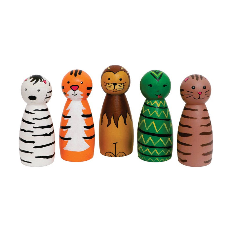 Handcrafted & Multicolor Wooden Animal Character in Peg Doll Pack of 5