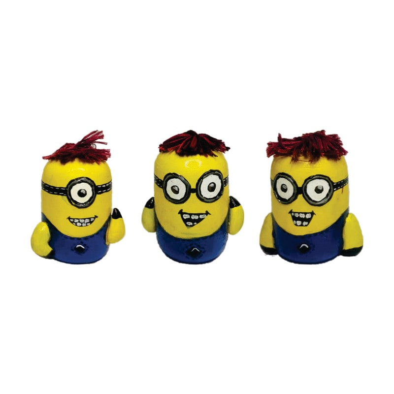 Handcrafted & Multicolored Wooden Minions Character with Hairs Set of 3