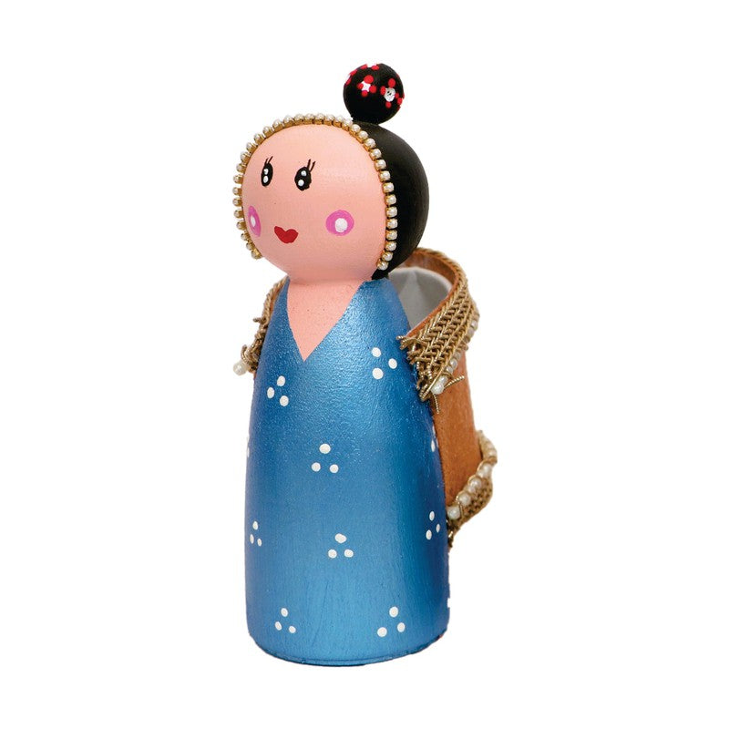 Handcrafted & Multicolor Wooden Decorative Japanese Doll with Basket