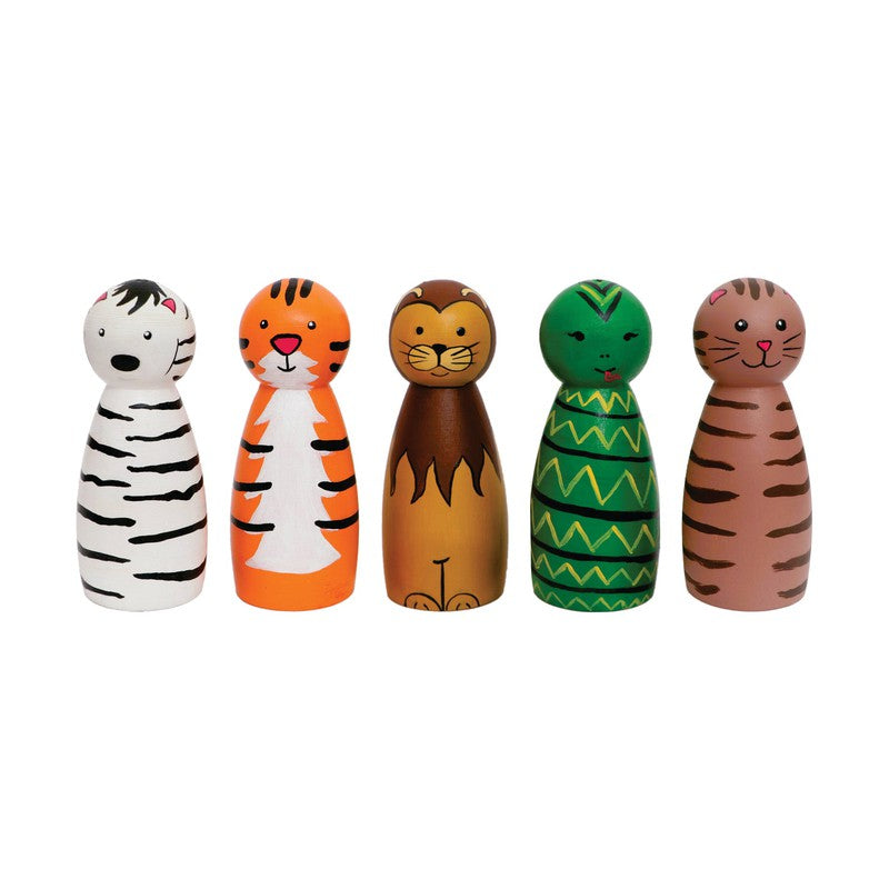 Handcrafted & Multicolor Wooden Animal Character in Peg Doll Pack of 5