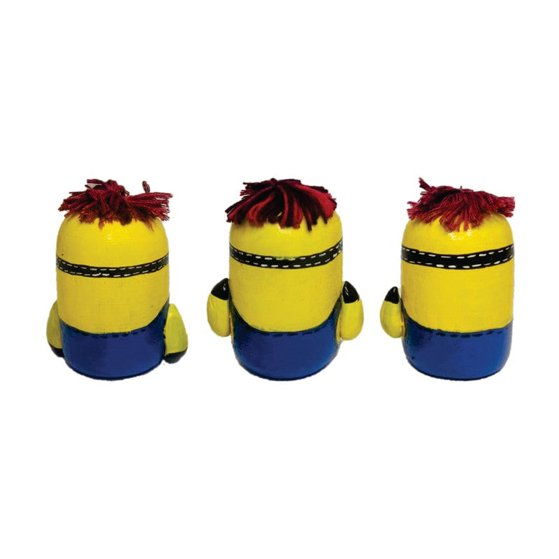 Handcrafted & Multicolored Wooden Minions Character with Hairs Set of 3