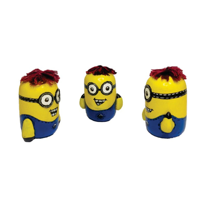 Handcrafted & Multicolored Wooden Minions Character with Hairs Set of 3