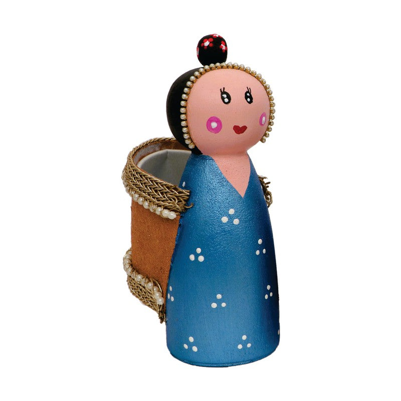 Handcrafted & Multicolor Wooden Decorative Japanese Doll with Basket