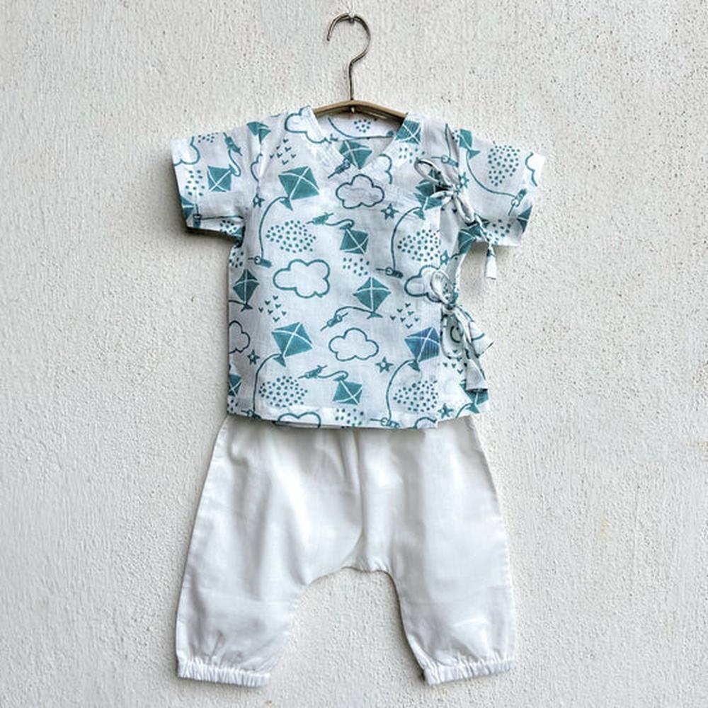 Whitewater Cotton Yellow Patang Angarakha and Pyjama Pants Set