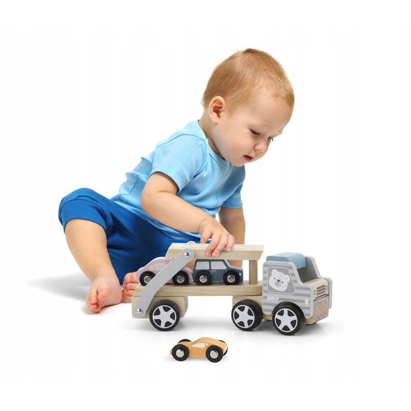 Car Carrier Truck and Cars Wooden Toy Set With 1 Carrier Truck and 3 Cars