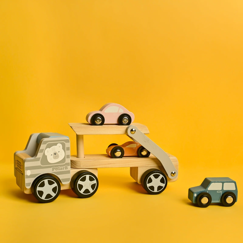 Car Carrier Truck and Cars Wooden Toy Set With 1 Carrier Truck and 3 Cars