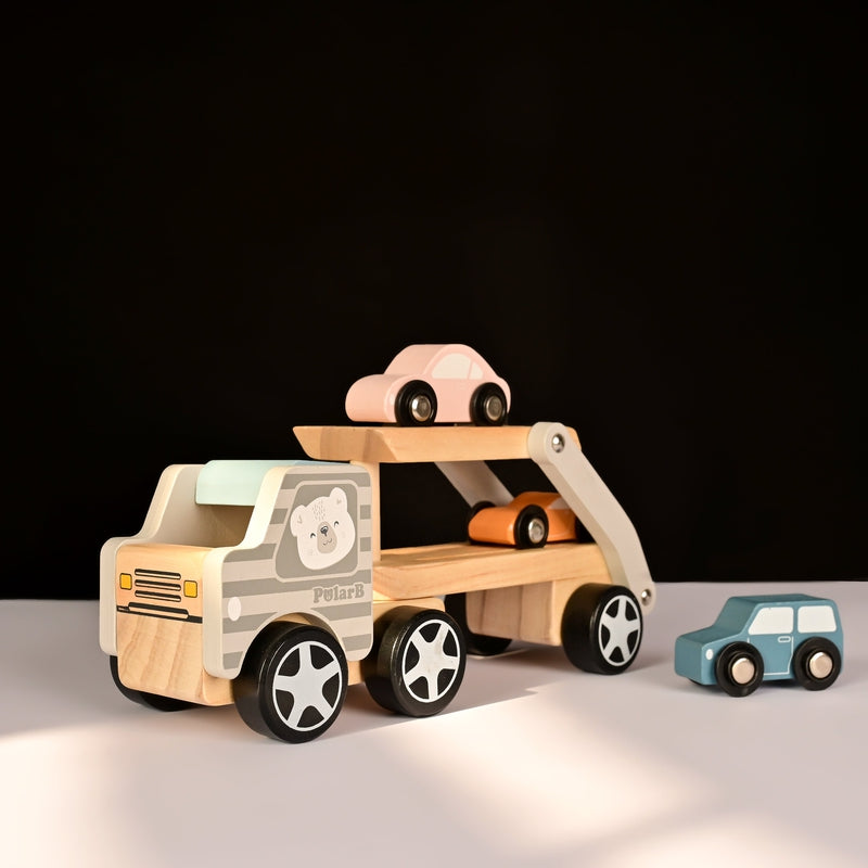 Car Carrier Truck and Cars Wooden Toy Set With 1 Carrier Truck and 3 Cars