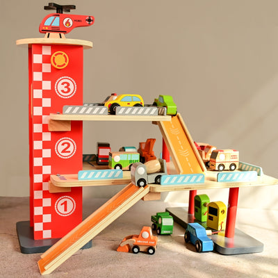 Drive in-Multilevel Activity Center with Helicopter Pad, Moving Elevator & Rapid Descent Ramps Pretend Play Toy