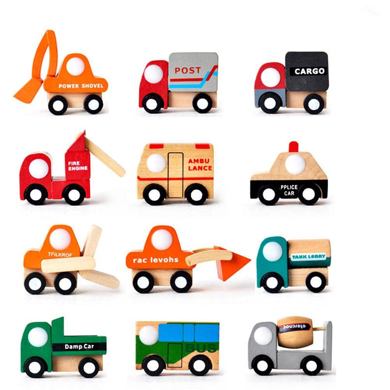 Little wagon wooden Toy cars mini construction vehicles set