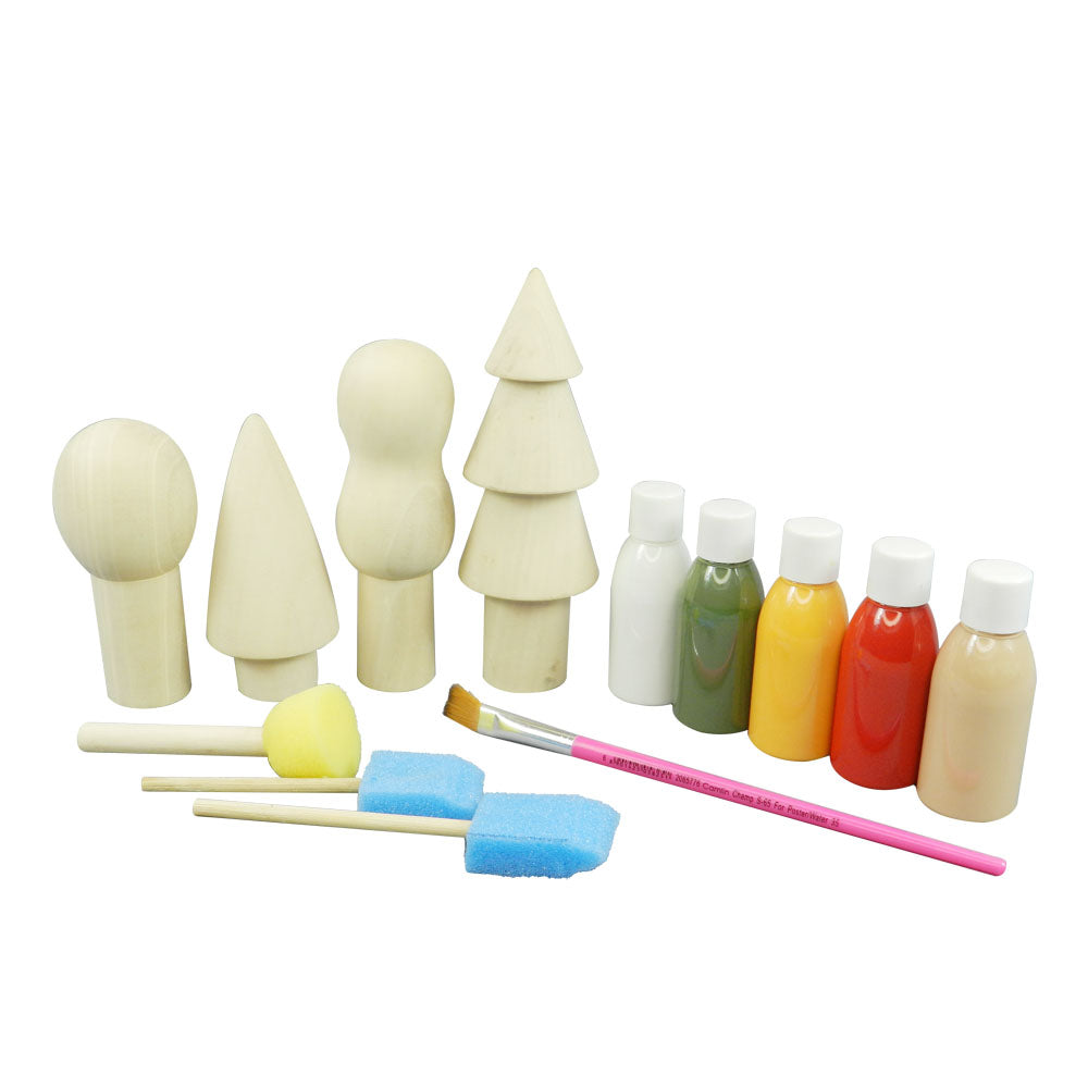 DIY Kit Trees - 4 Wooden Trees,5 Color Bottles ,1 Paint Brush, 3 Sponge Brush.