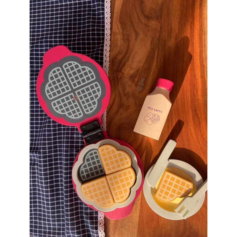 Wooden Sweet Treat - Waffle Maker Toddler & Kids Pretend Play Cooking Toy Set (Pink)